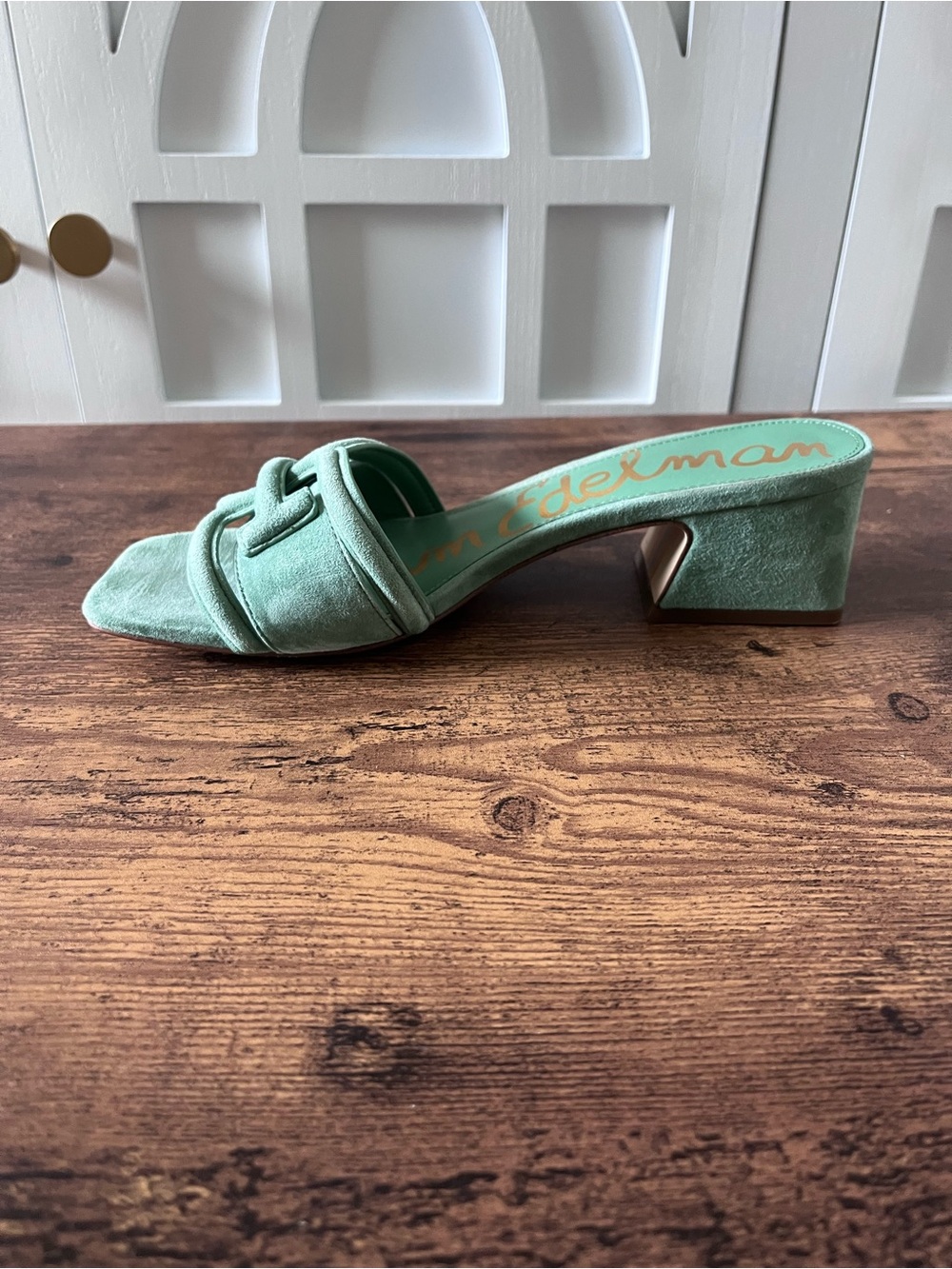 Sam Edelman 7.5 Waylon Garden Green Suede Block Heel Mules Slides Sandals - Picture 8 of 10